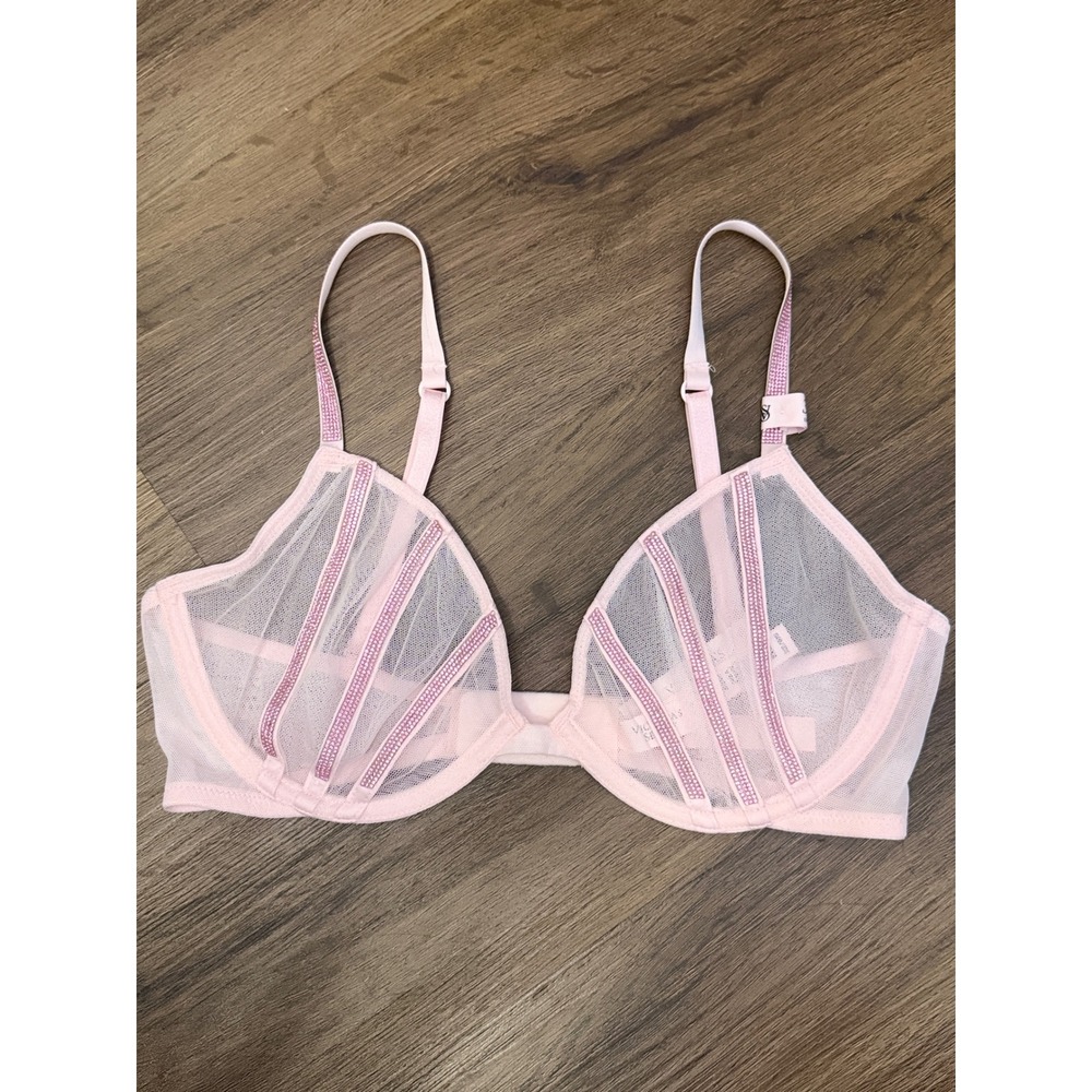 Victoria's Secret Pink Shine Strap Mesh Unlined Bra Rhinestone 32D Romantic
